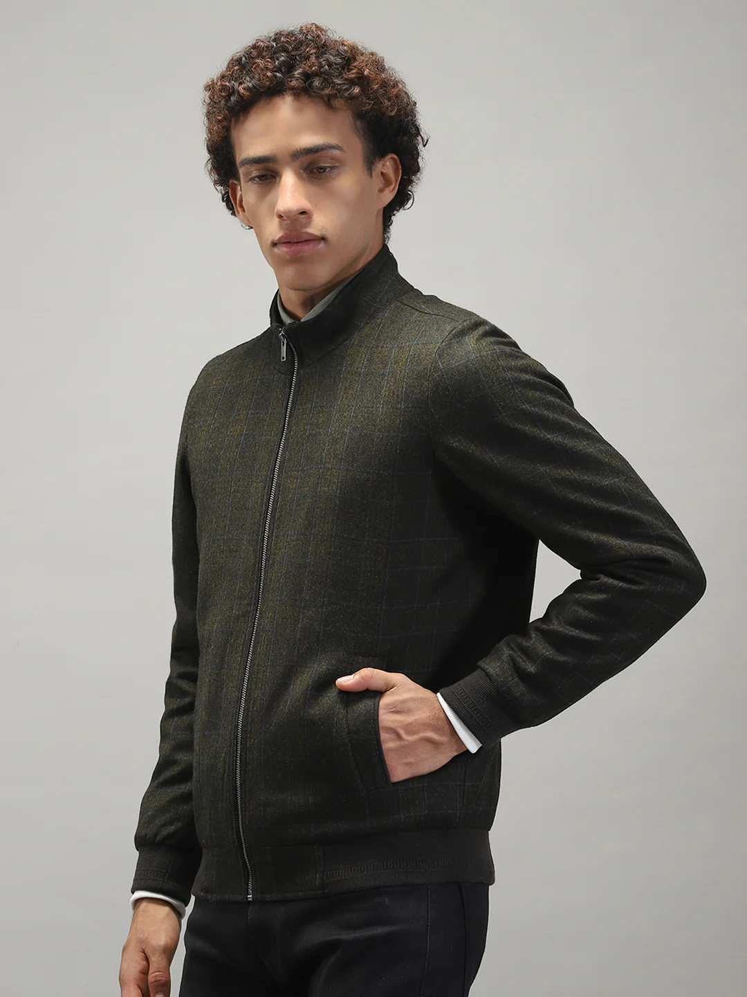 Men Olive Solid Band Collar Full Sleeve Jacket - Image 4