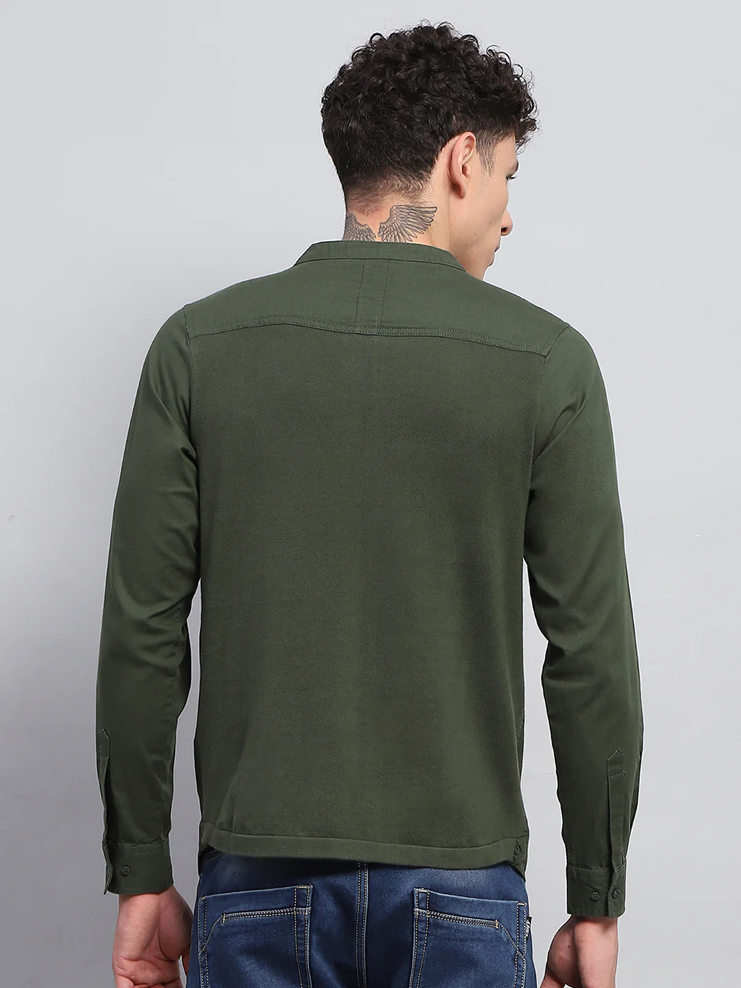 Men Olive Solid Band Collar Full Sleeve Kurta - Image 5