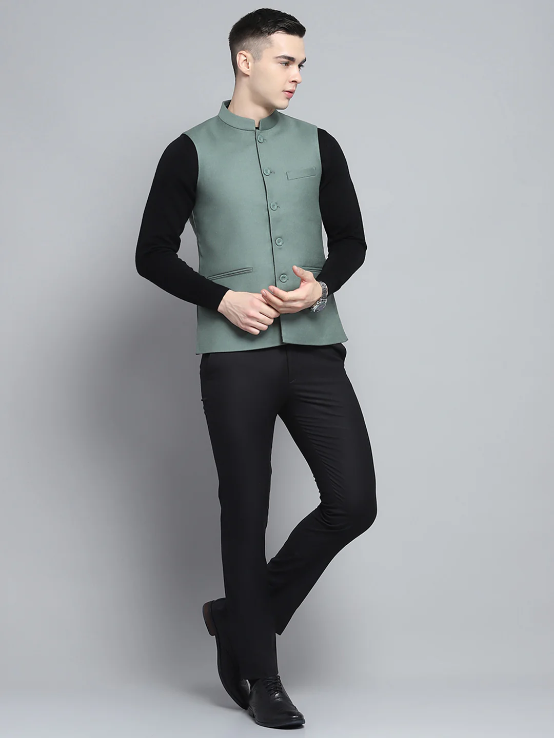 Men Olive Solid Band Collar Sleeveless Nehru Jacket - Image 2