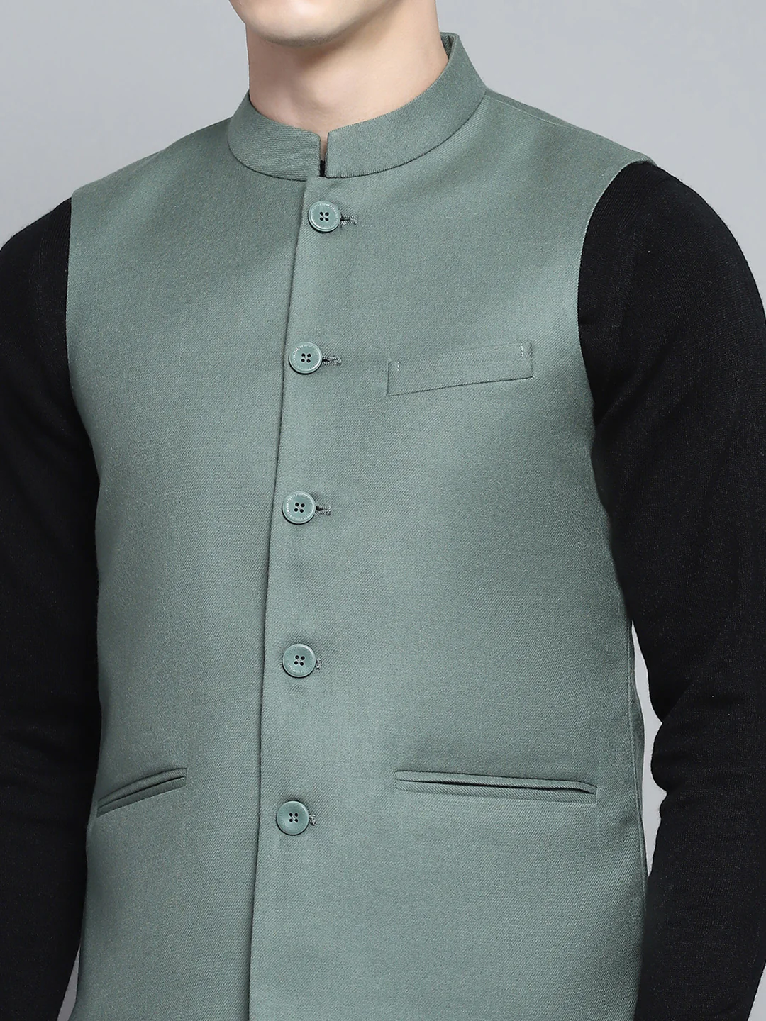 Men Olive Solid Band Collar Sleeveless Nehru Jacket - Image 6