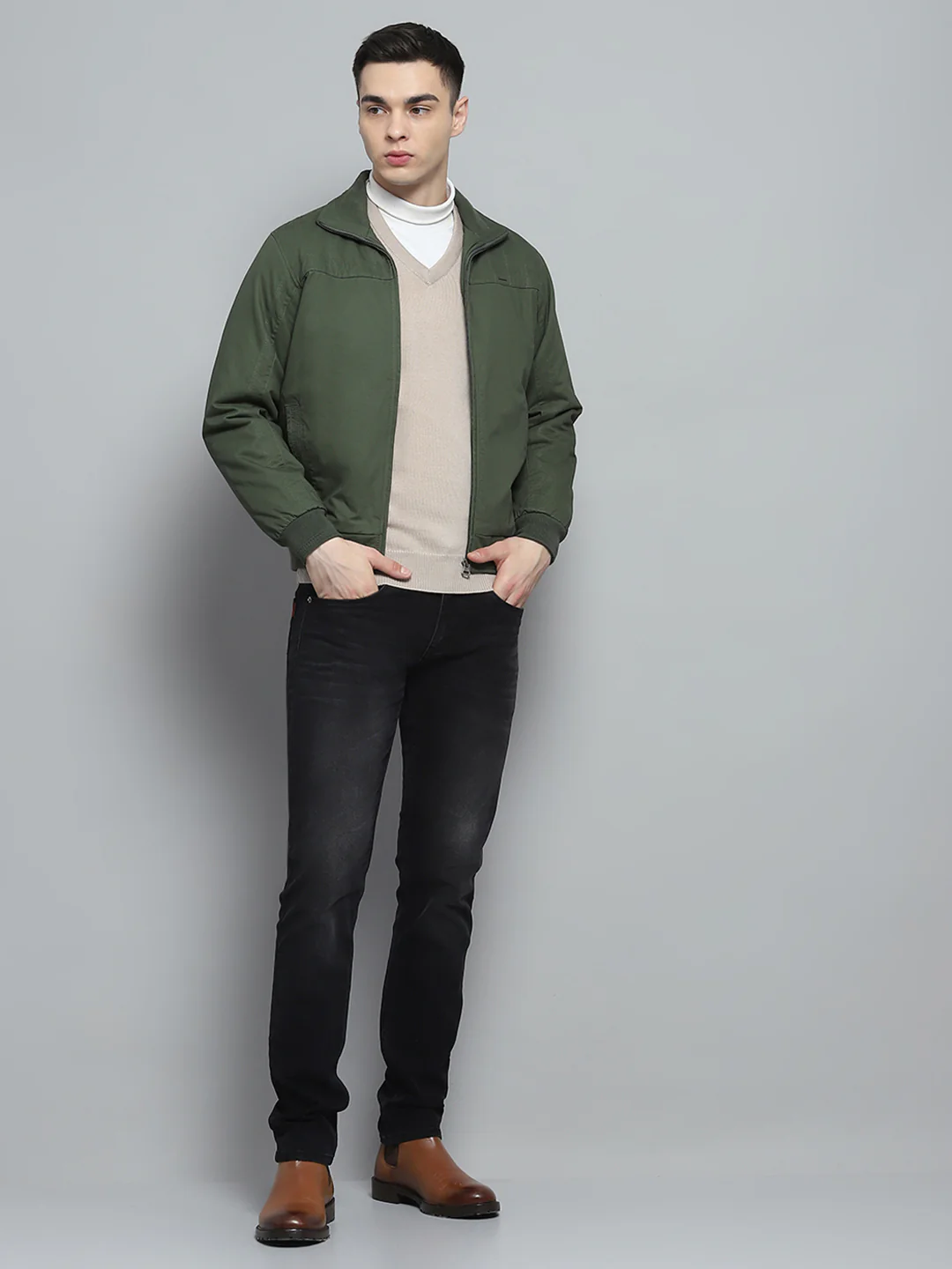 Men Olive Solid Collar Full Sleeve Jacket - Image 2
