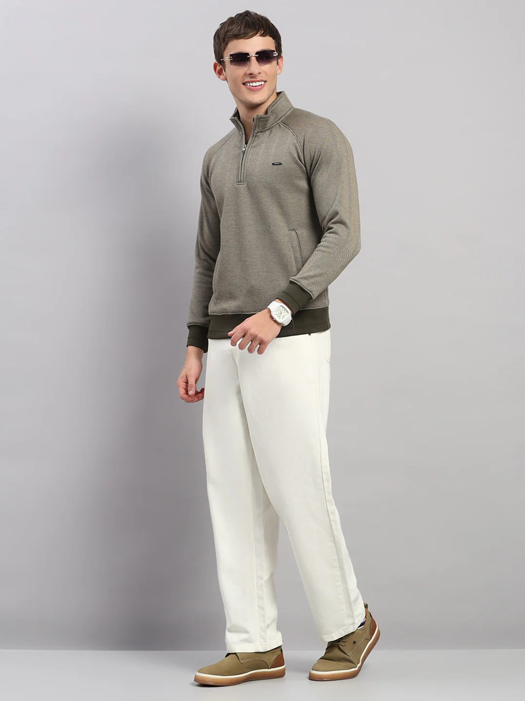 Men Olive Solid Collar Full Sleeve Sweatshirt - Image 2
