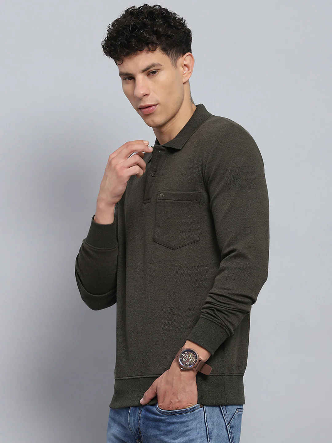Men Olive Solid Collar Full Sleeve Winter T-Shirt - Image 3