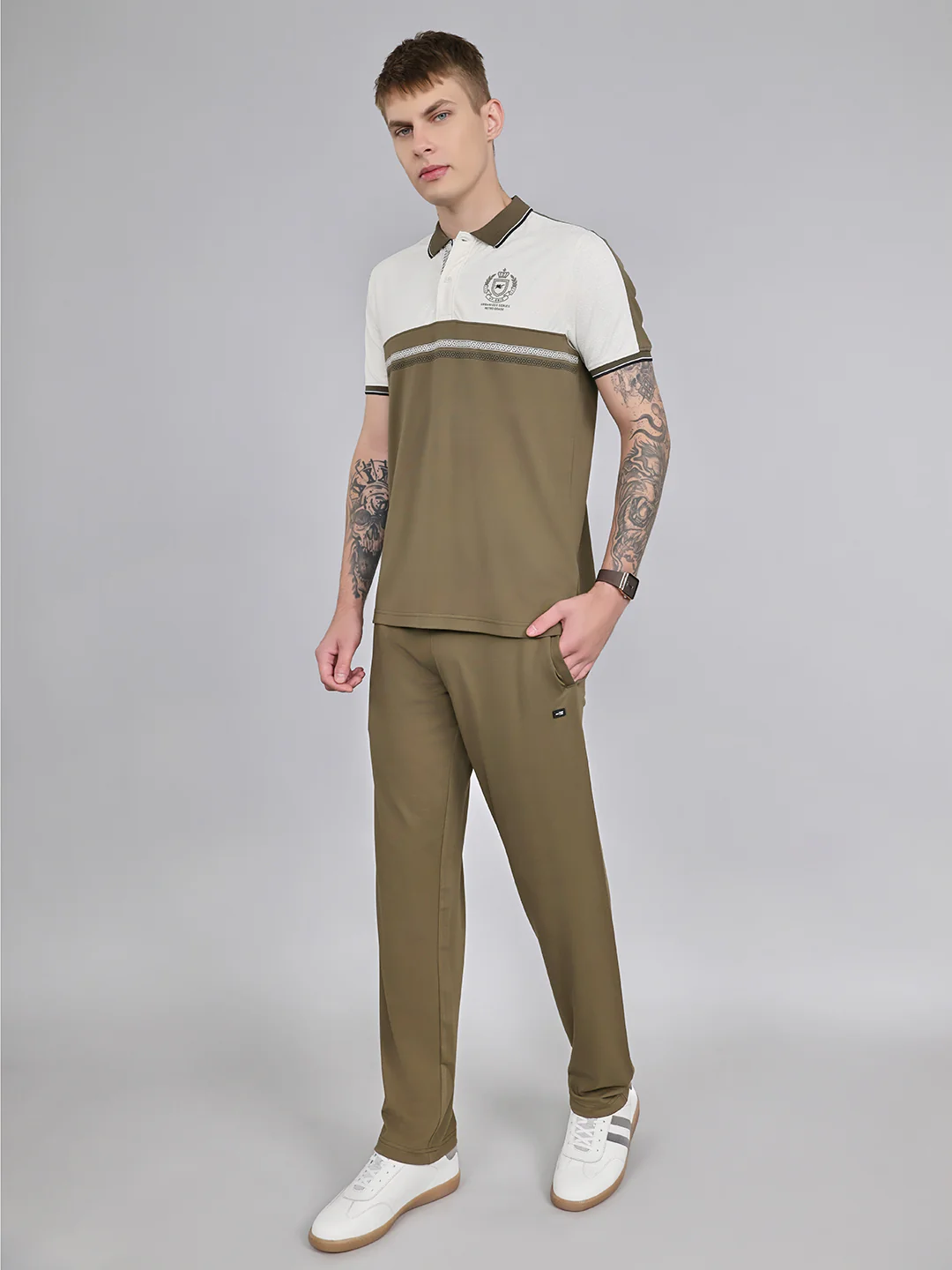 Men Olive Solid Collar Half Sleeve Lower Set - Image 2