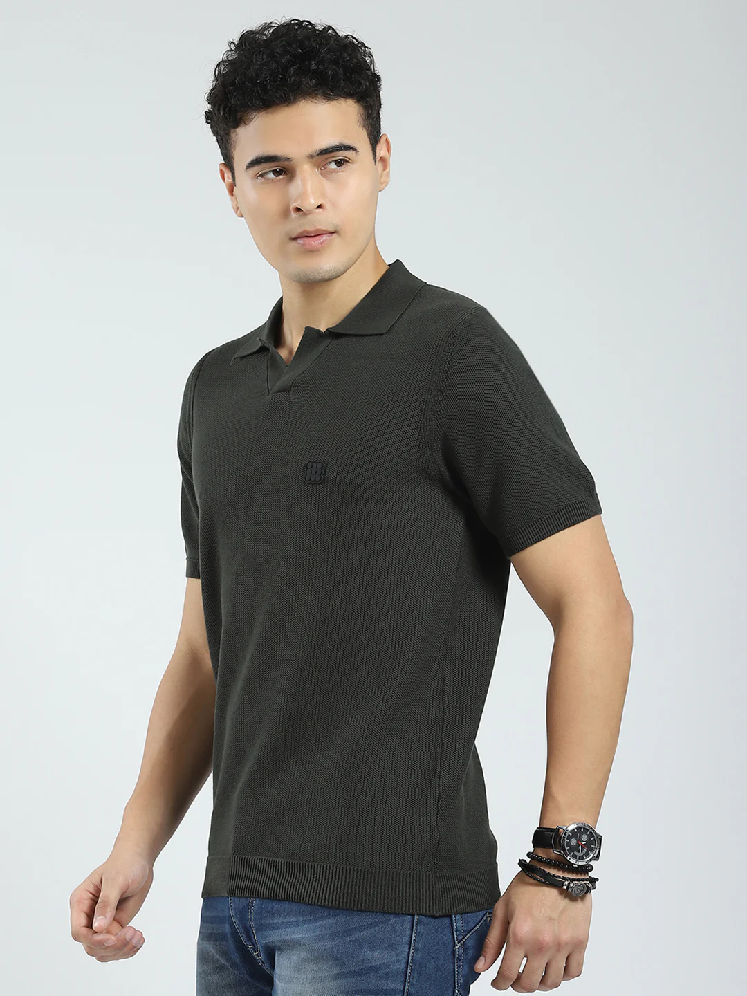 Rock.it Men Olive Solid Collar Half Sleeve T-Shirt - Image 3