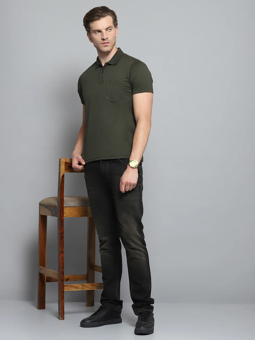 Men Olive Solid Collar Half Sleeve T-Shirt - Image 2