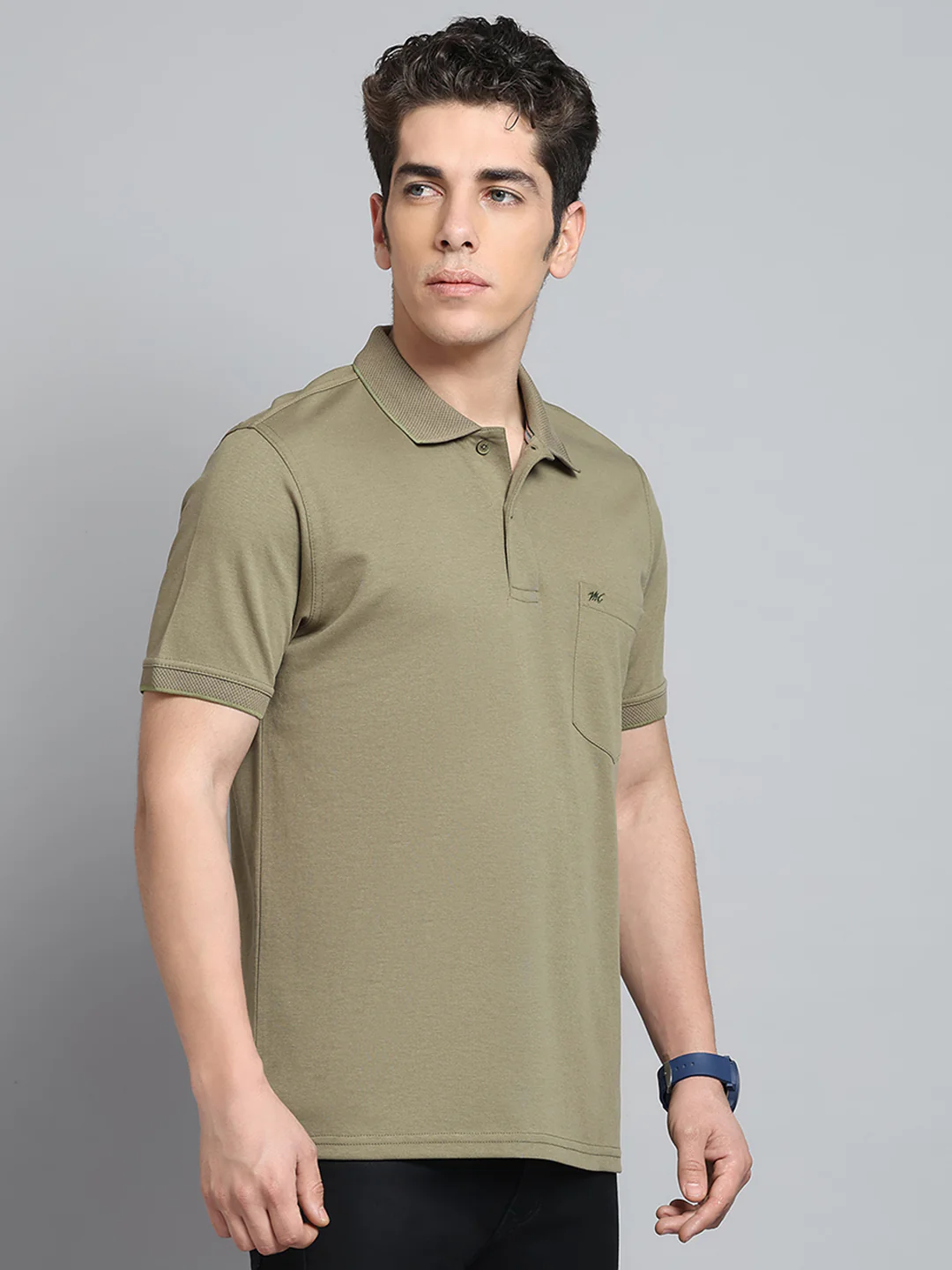Men Olive Solid Collar Half Sleeve T-Shirt - Image 4