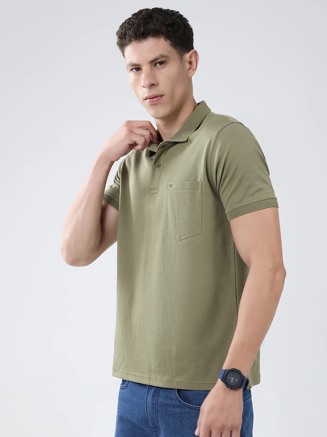 Men Olive Solid Collar Half Sleeve T-Shirt - Image 3