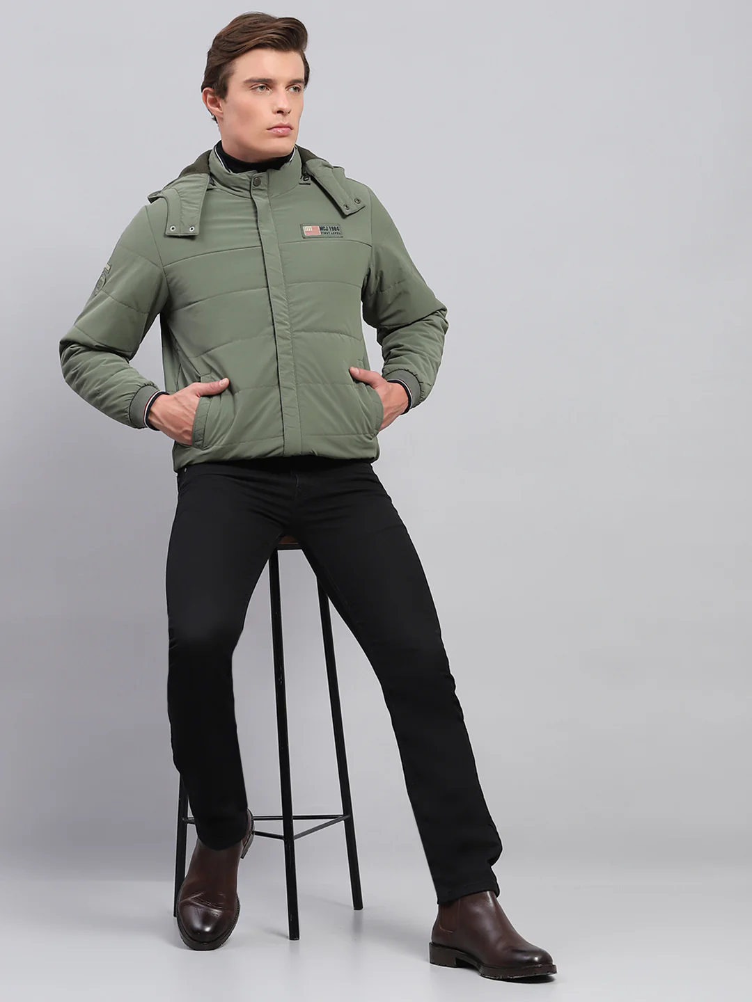Men Olive Solid Detachable Hood Full Sleeve Jacket - Image 2