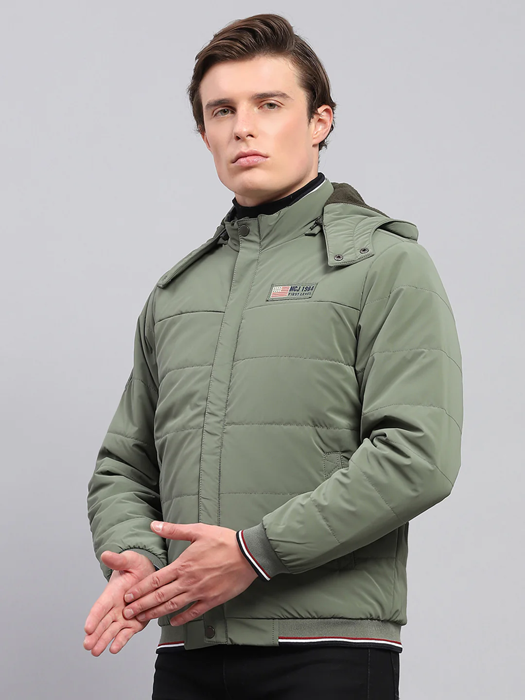 Men Olive Solid Detachable Hood Full Sleeve Jacket - Image 3