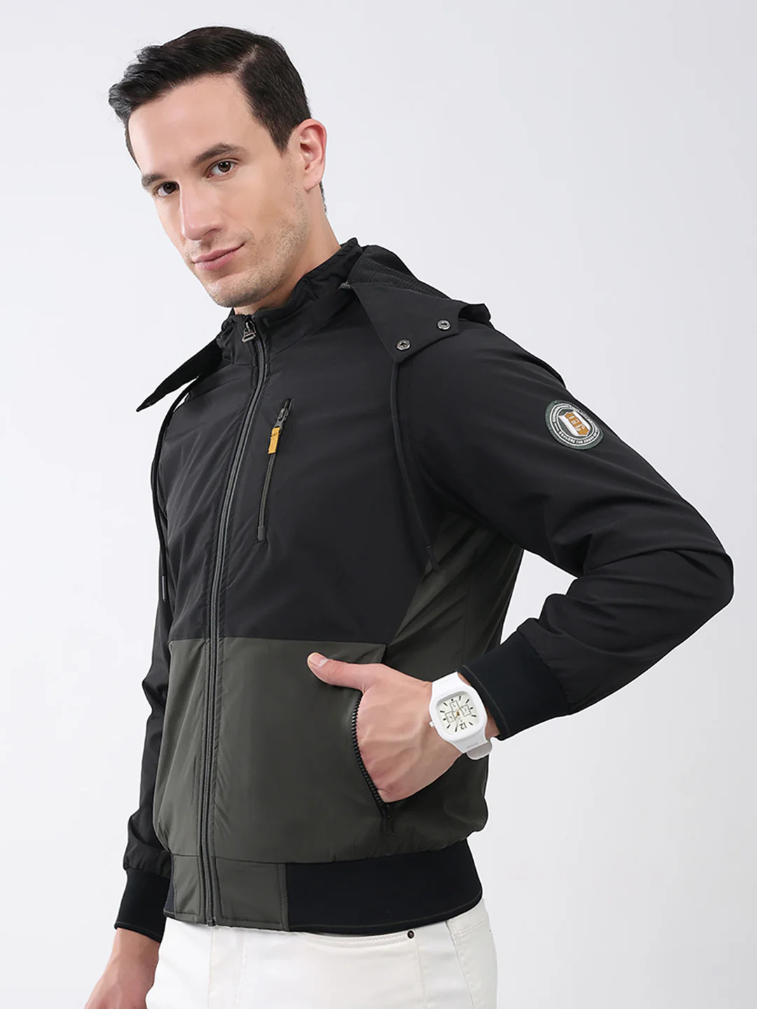Men Olive Solid Detachable Hood Full Sleeve Jacket - Image 3