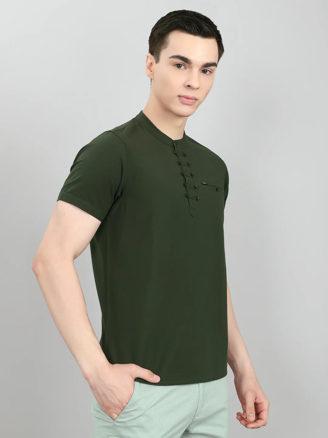 Men Olive Solid Henley Neck Half Sleeve T-Shirt - Image 3