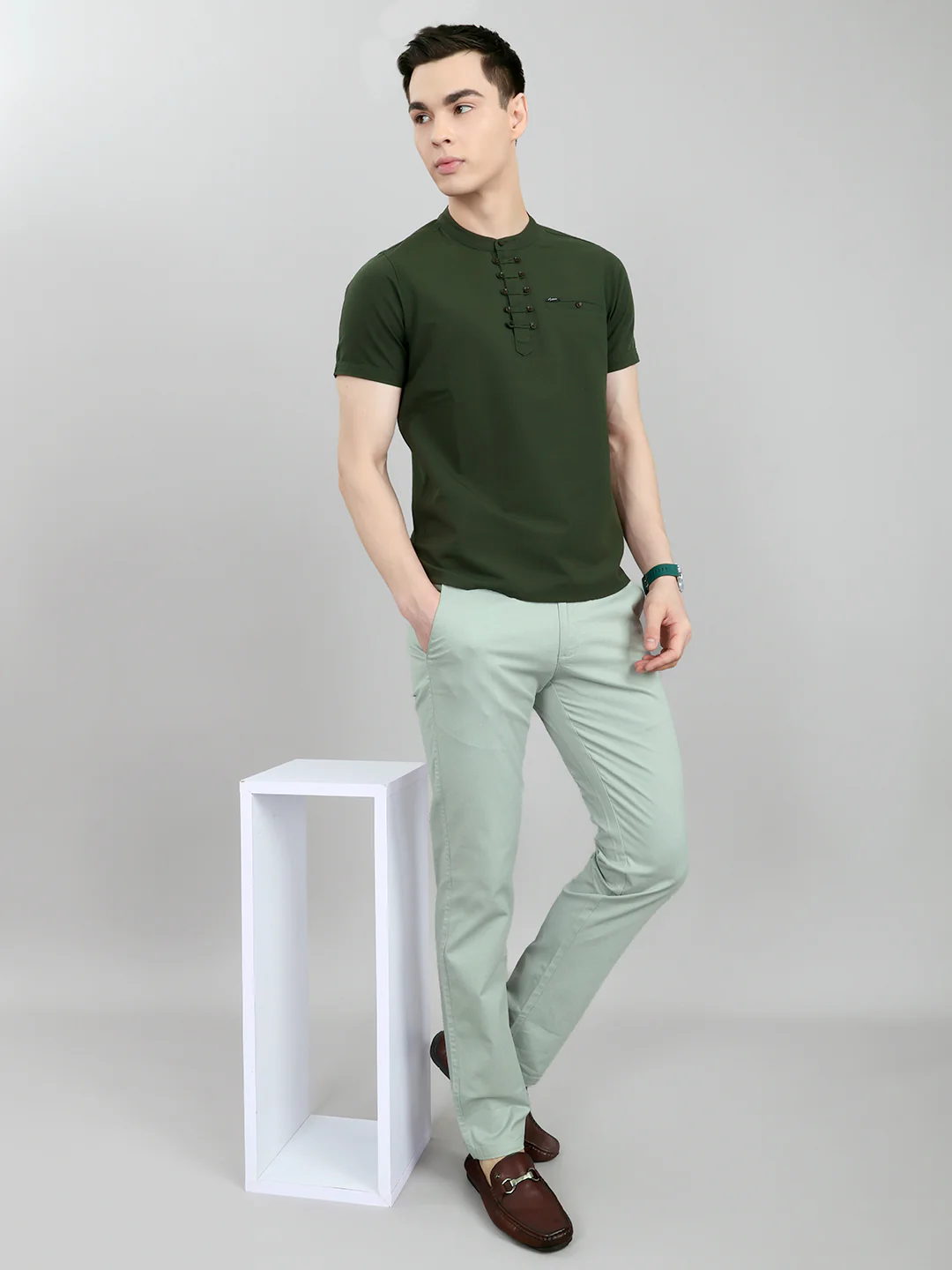 Men Olive Solid Henley Neck Half Sleeve T-Shirt - Image 6