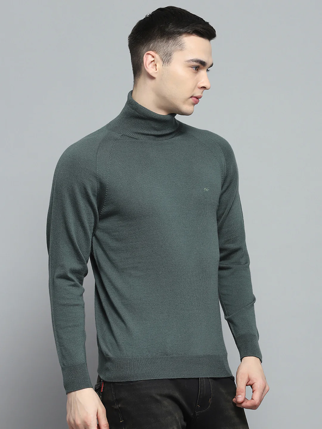Men Olive Solid High Neck Full Sleeve Pullover - Image 4