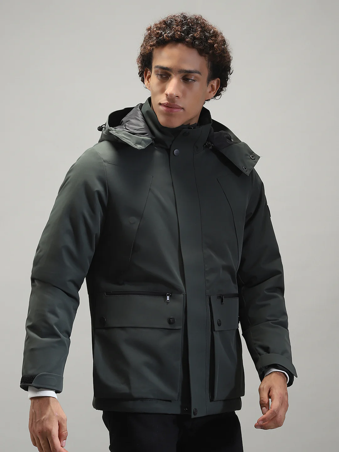 Men Olive Solid Hooded Full Sleeve Jacket - Image 4