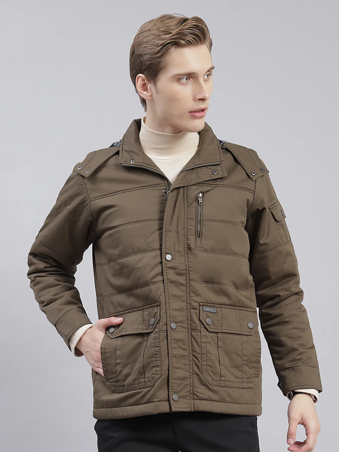Men Olive Solid Hooded Full Sleeve Jackets - Image 2