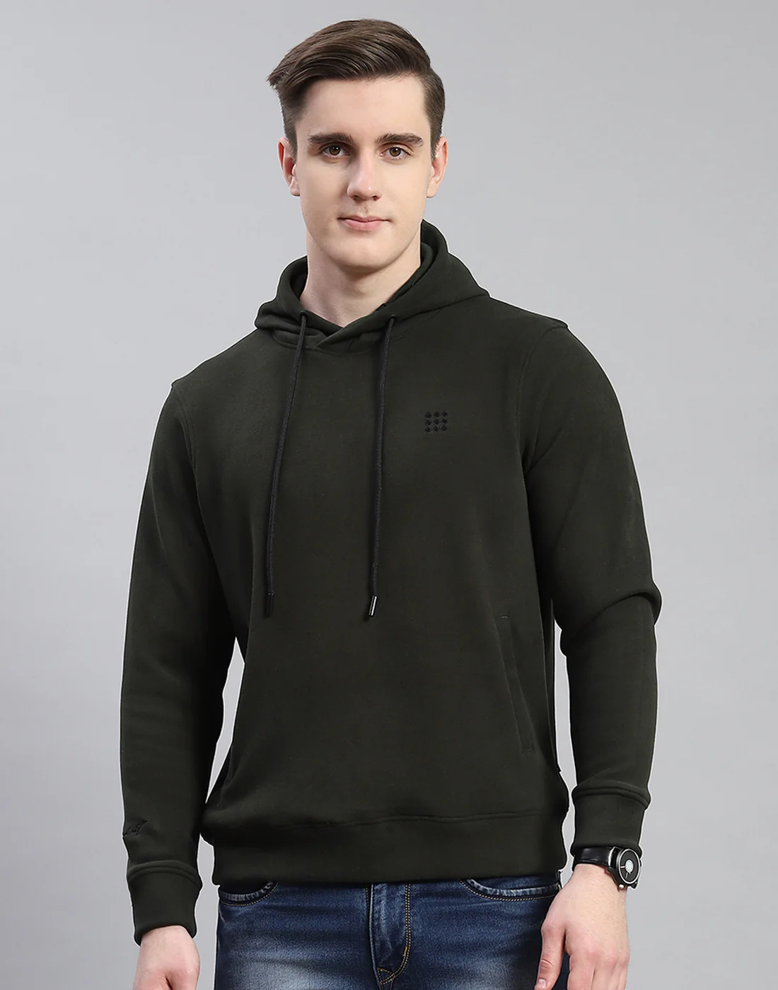 Rock.it Men Olive Solid Hooded Full Sleeve Sweatshirt - Image 2