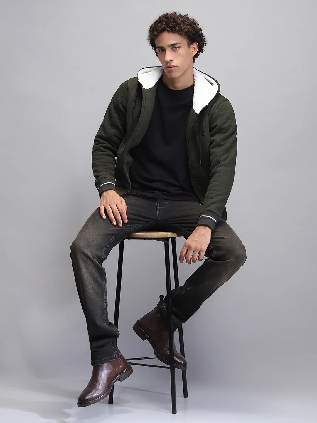 Rock.it Men Olive Solid Hooded Full Sleeve Sweatshirt - Image 2