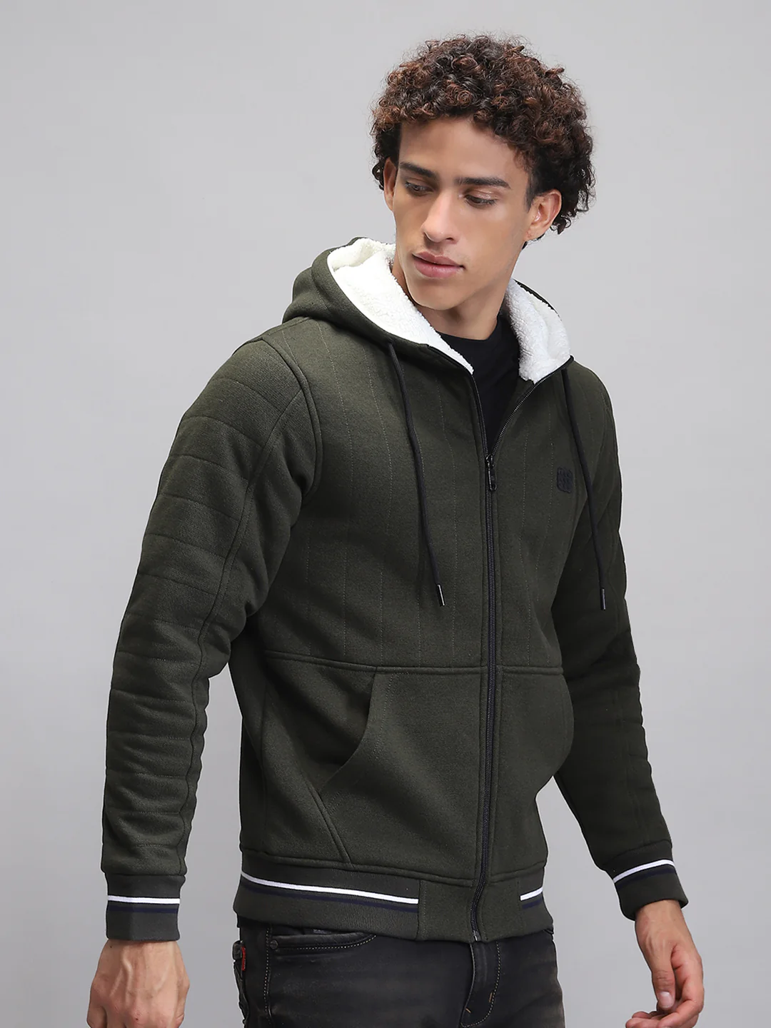 Rock.it Men Olive Solid Hooded Full Sleeve Sweatshirt - Image 4