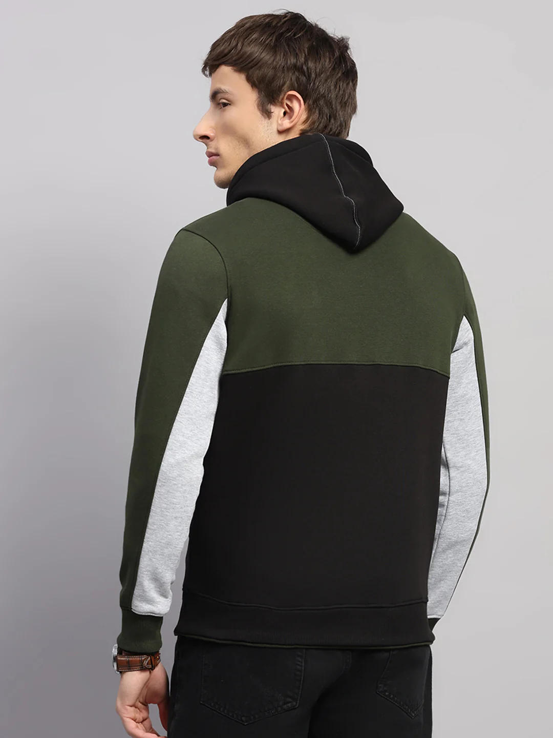 Men Olive Solid Hooded Full Sleeve Sweatshirt - Image 5