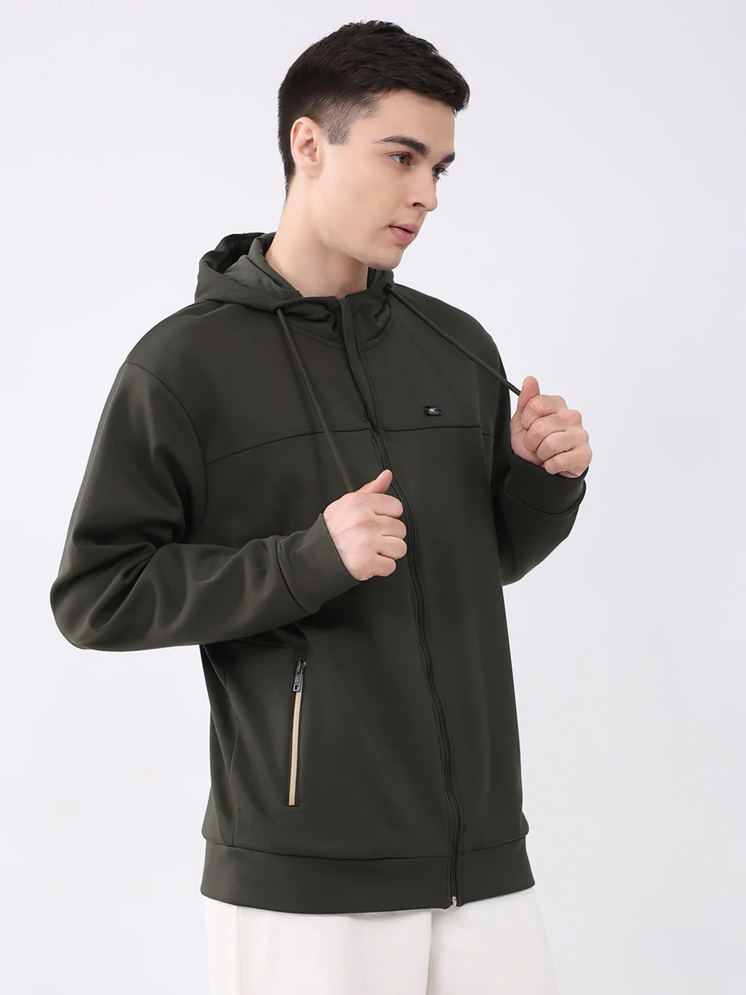 Men Olive Solid Hooded Full Sleeve Sweatshirt - Image 4