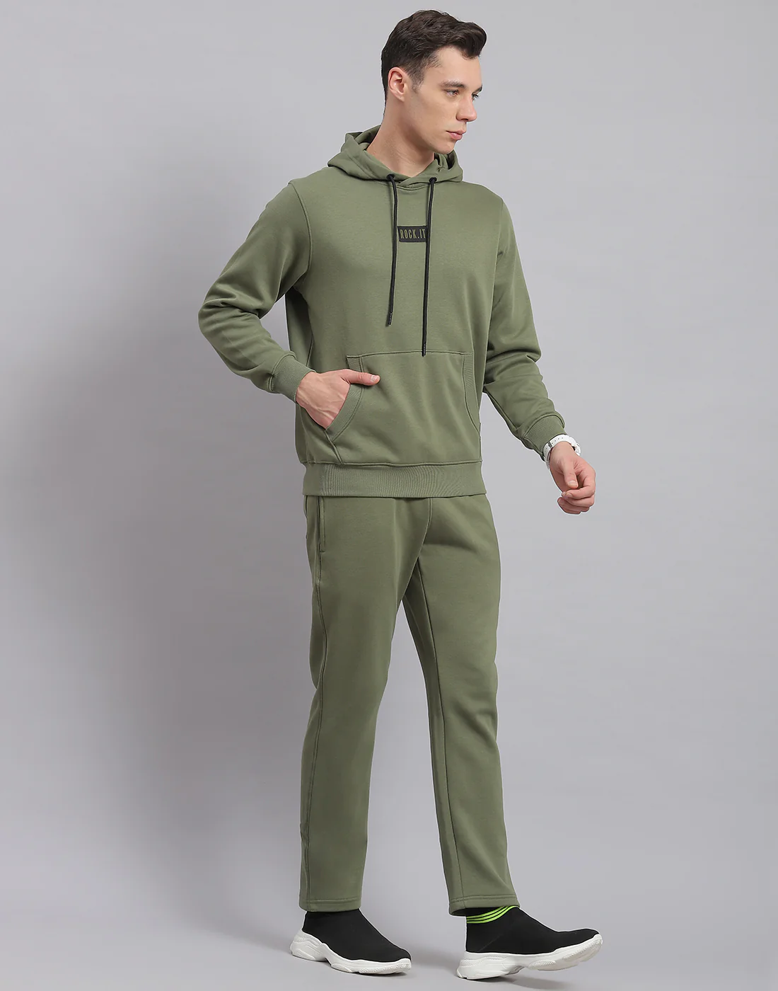 Rock.it Men Olive Solid Hooded Full Sleeve Tracksuit - Image 4