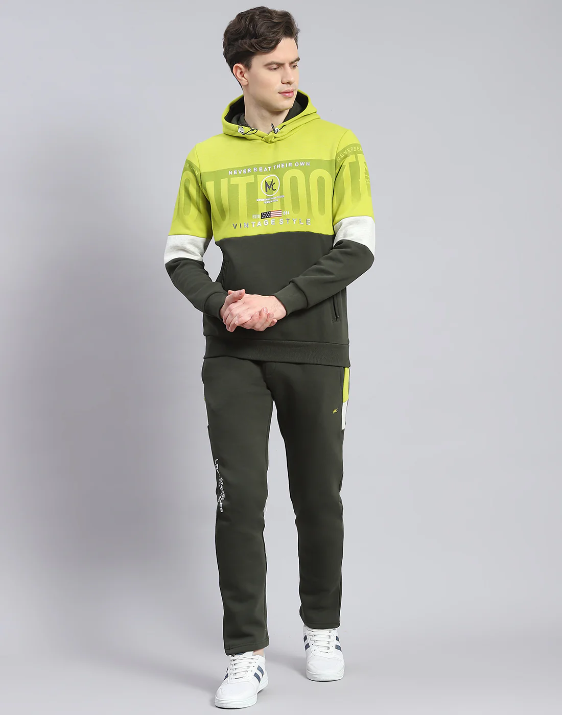 Men Olive Solid Hooded Full Sleeve Tracksuit - Image 2