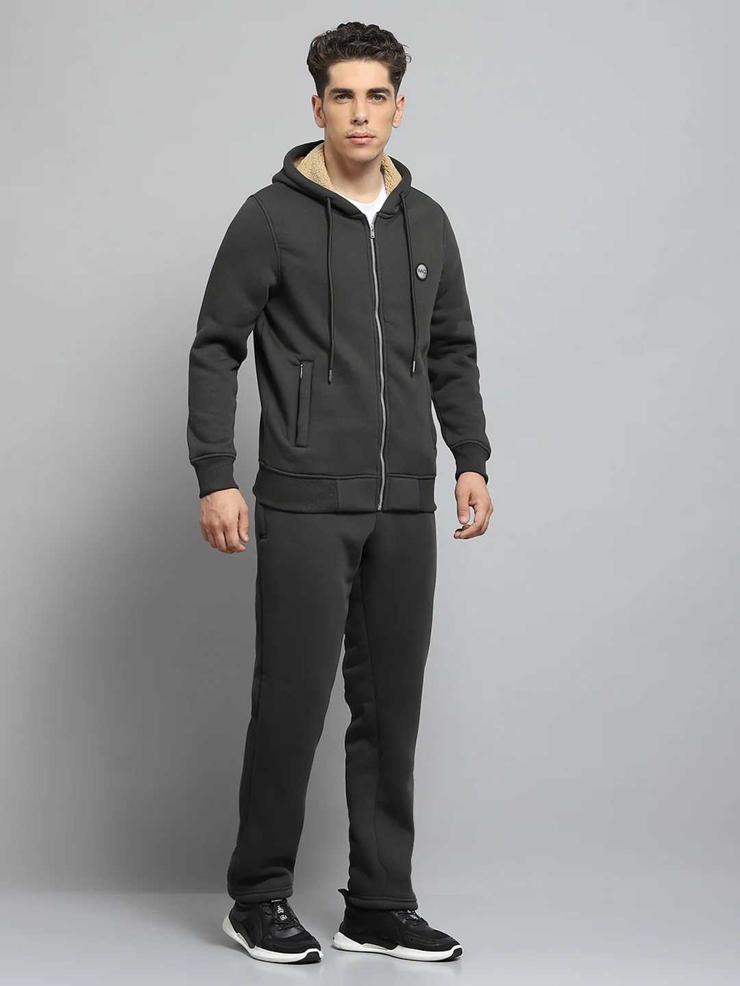 Men Olive Solid Hooded Full Sleeve Winter Tracksuit - Image 4