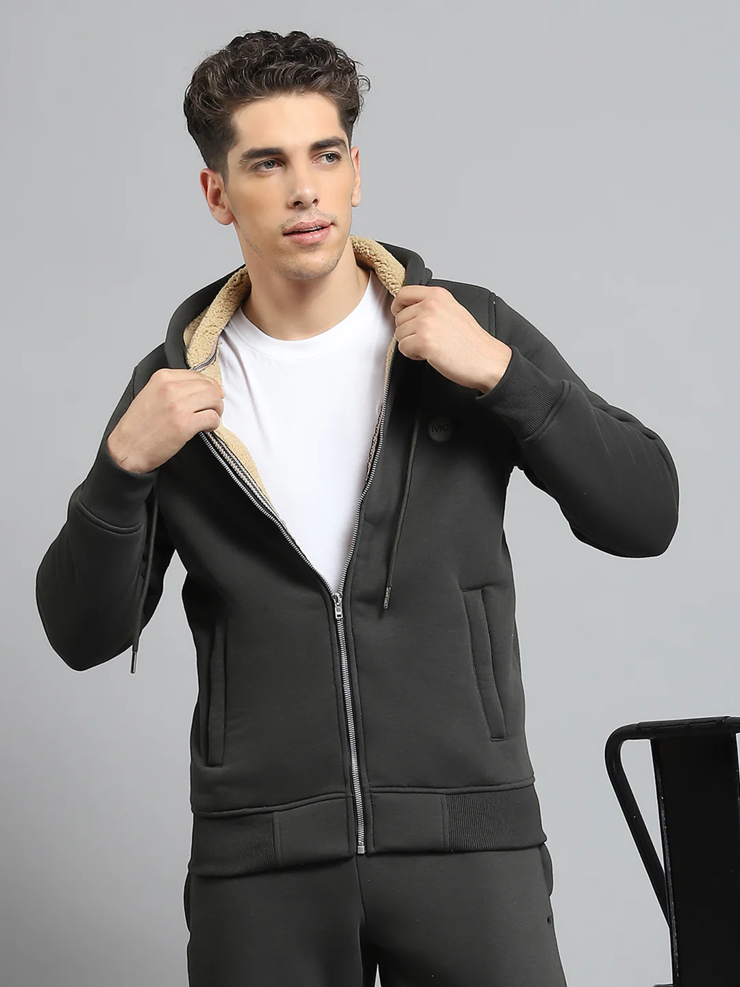 Men Olive Solid Hooded Full Sleeve Winter Tracksuit - Image 6