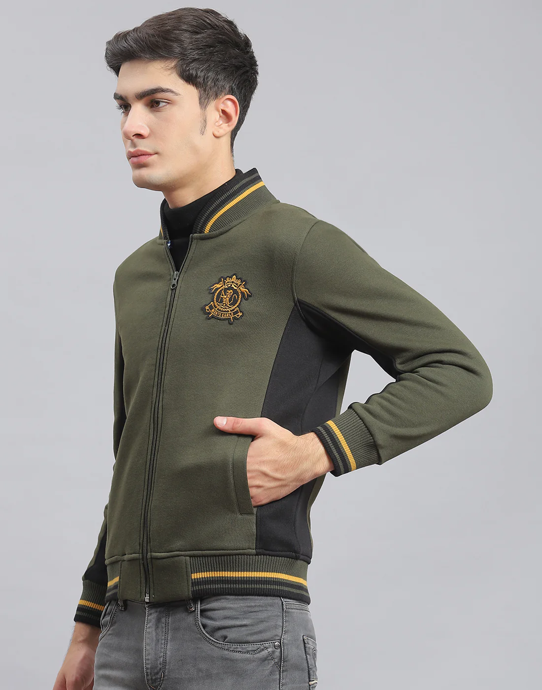 Men Olive Solid Mandarin Collar Full Sleeve Sweatshirt - Image 3