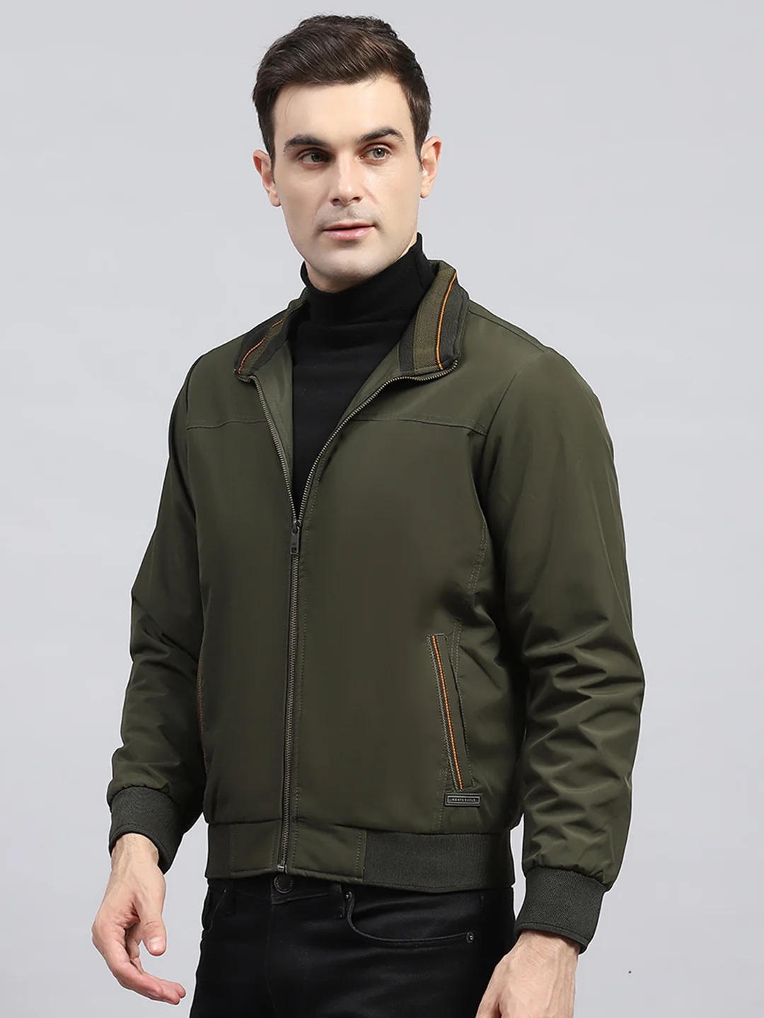Men Olive Solid Mock Neck Full Sleeve Jacket - Image 3