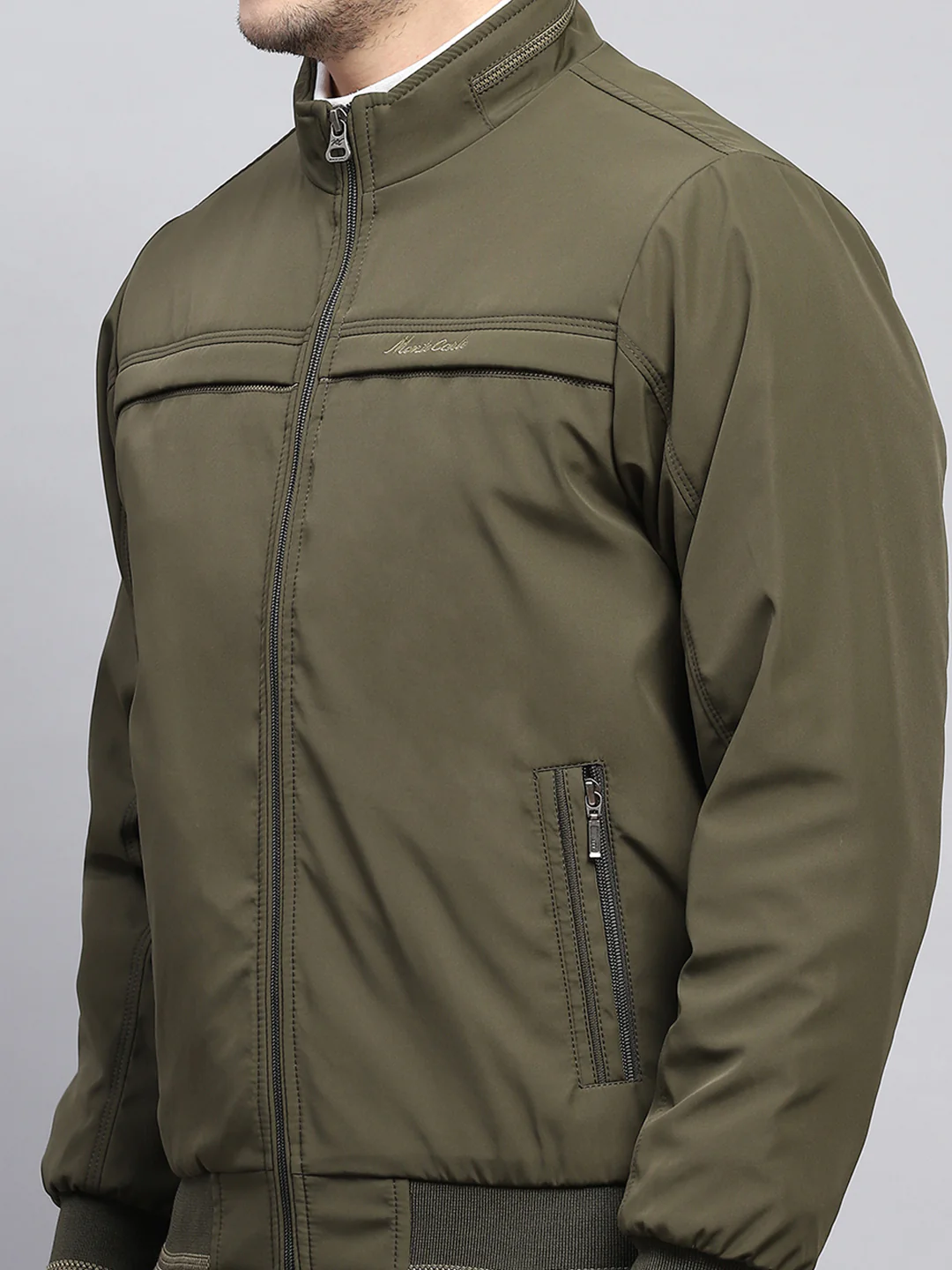 Men Olive Solid Mock Neck Full Sleeve Jacket - Image 6