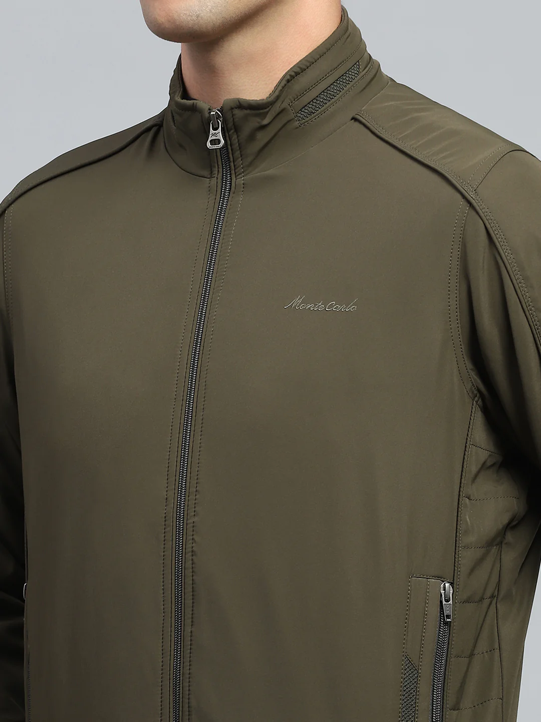 Men Olive Solid Mock Neck Full Sleeve Jacket - Image 6