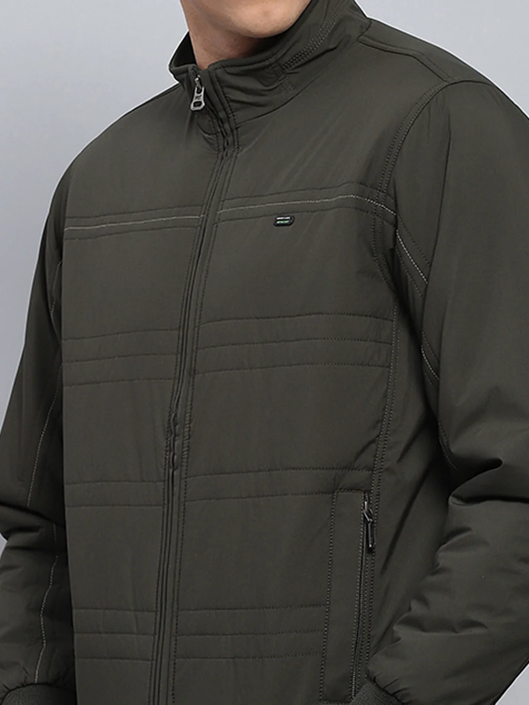 Men Olive Solid Mock Neck Full Sleeve Jacket - Image 6