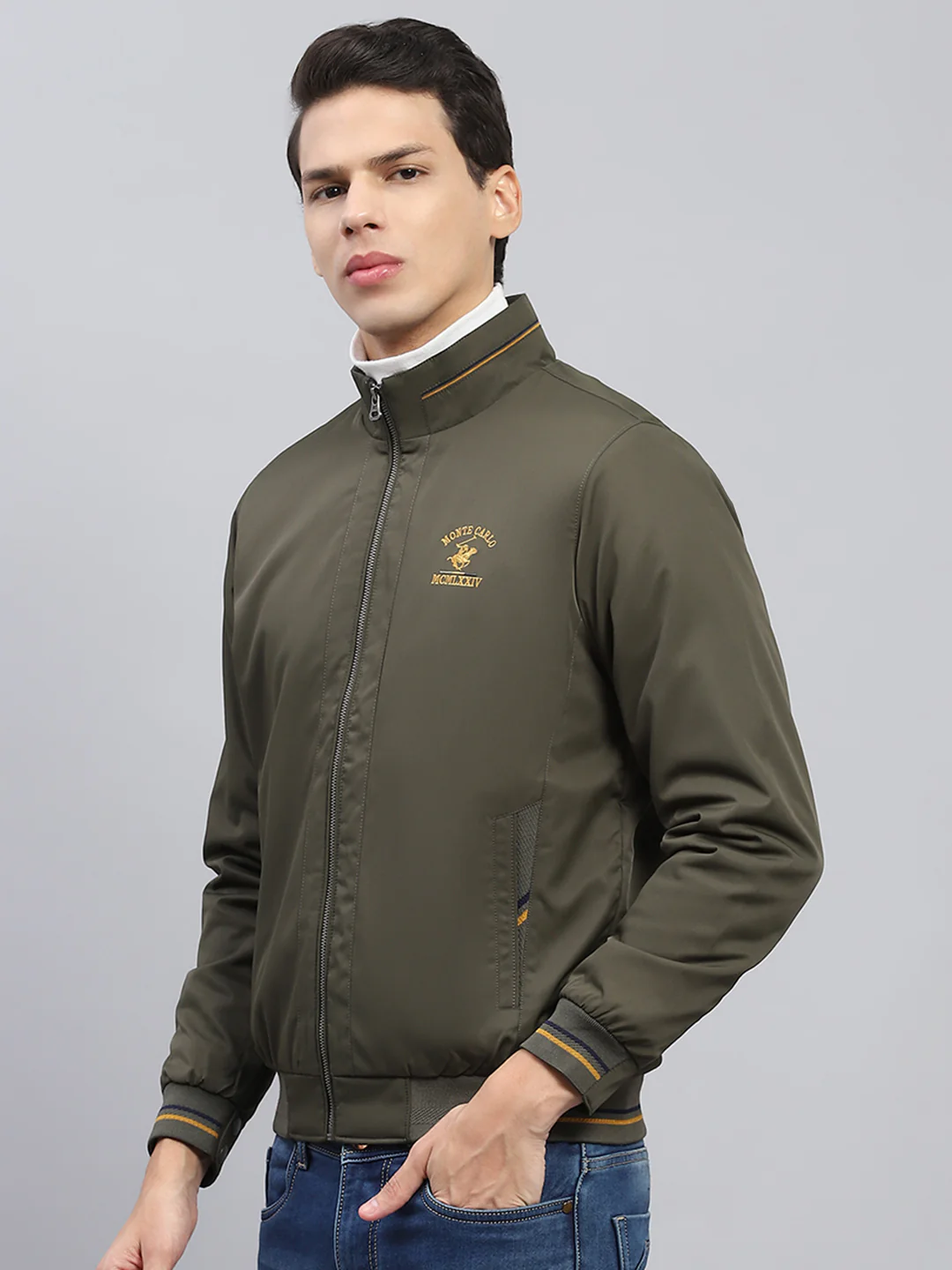 Men Olive Solid Mock Neck Full Sleeve Jacket - Image 3