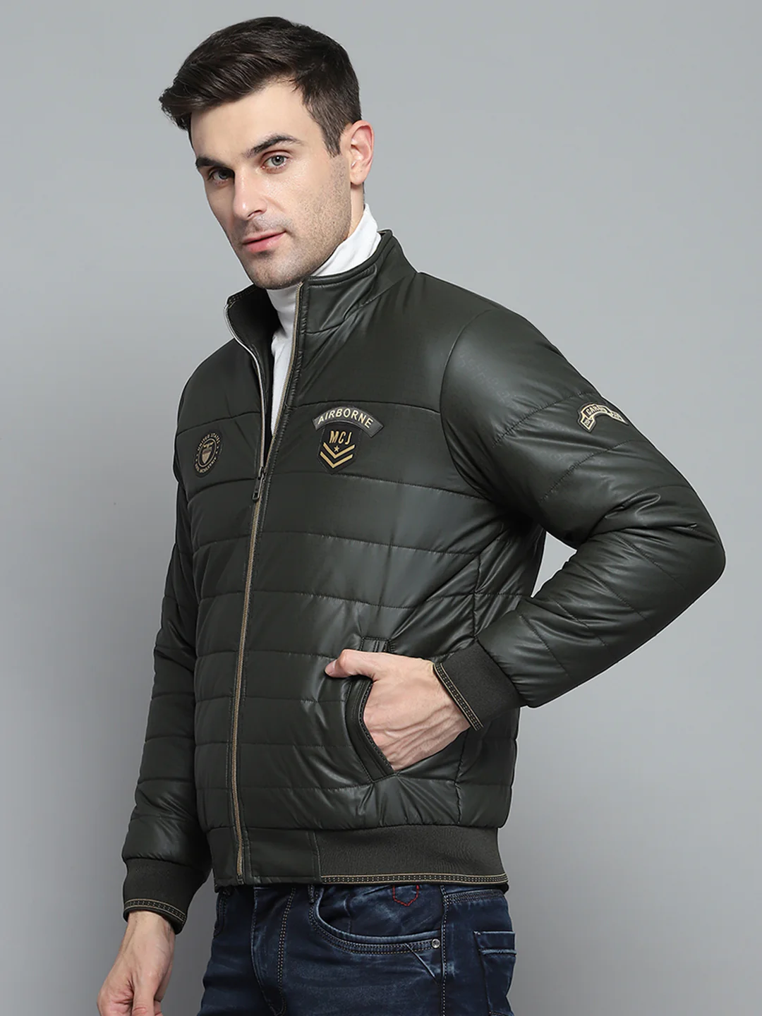 Men Olive Solid Mock Neck Full Sleeve Jacket - Image 3