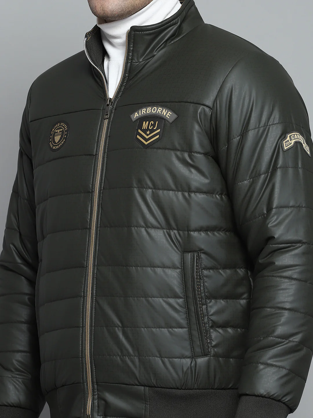 Men Olive Solid Mock Neck Full Sleeve Jacket - Image 6