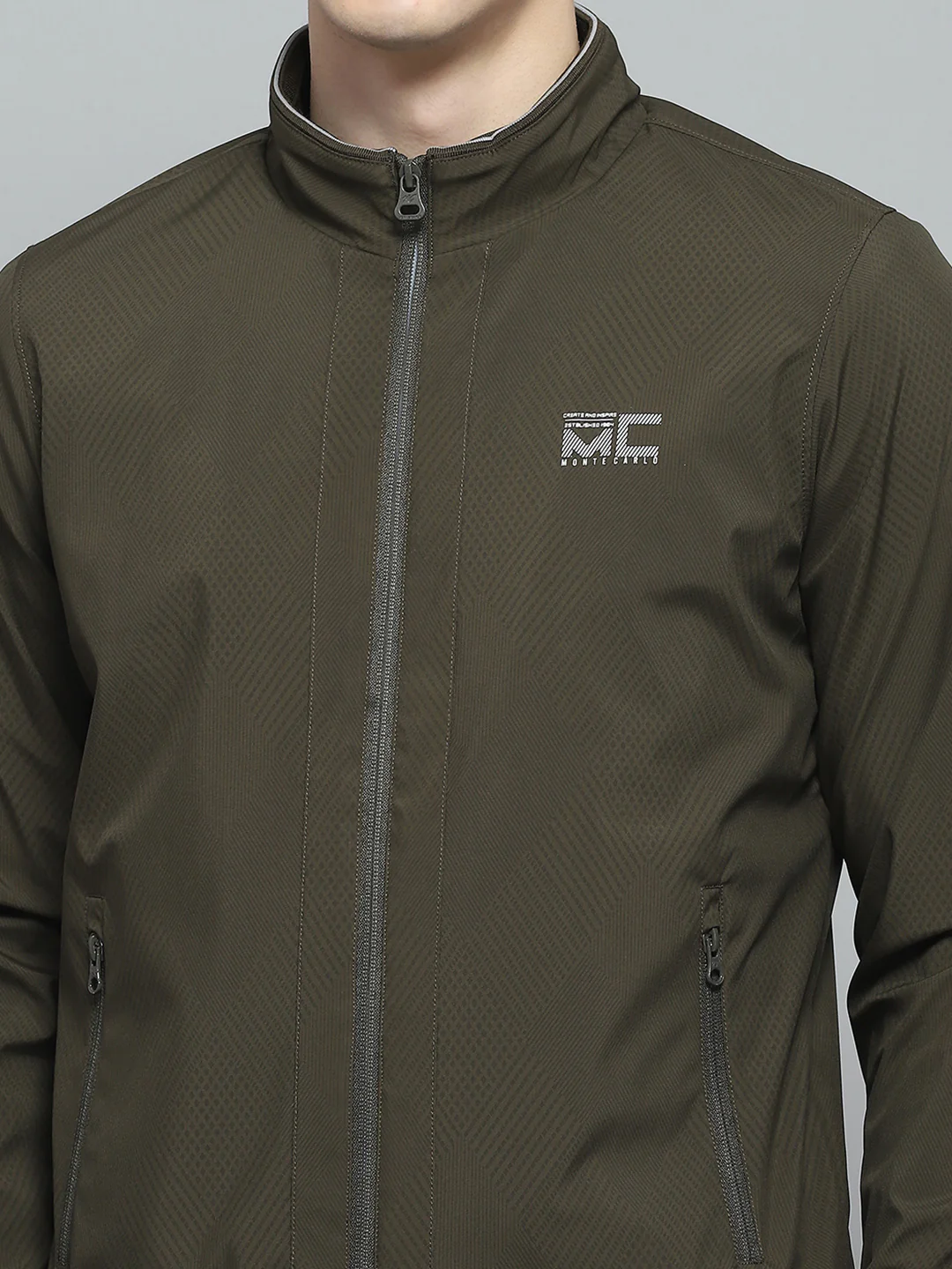 Men Olive Solid Mock Neck Full Sleeve Jacket - Image 6