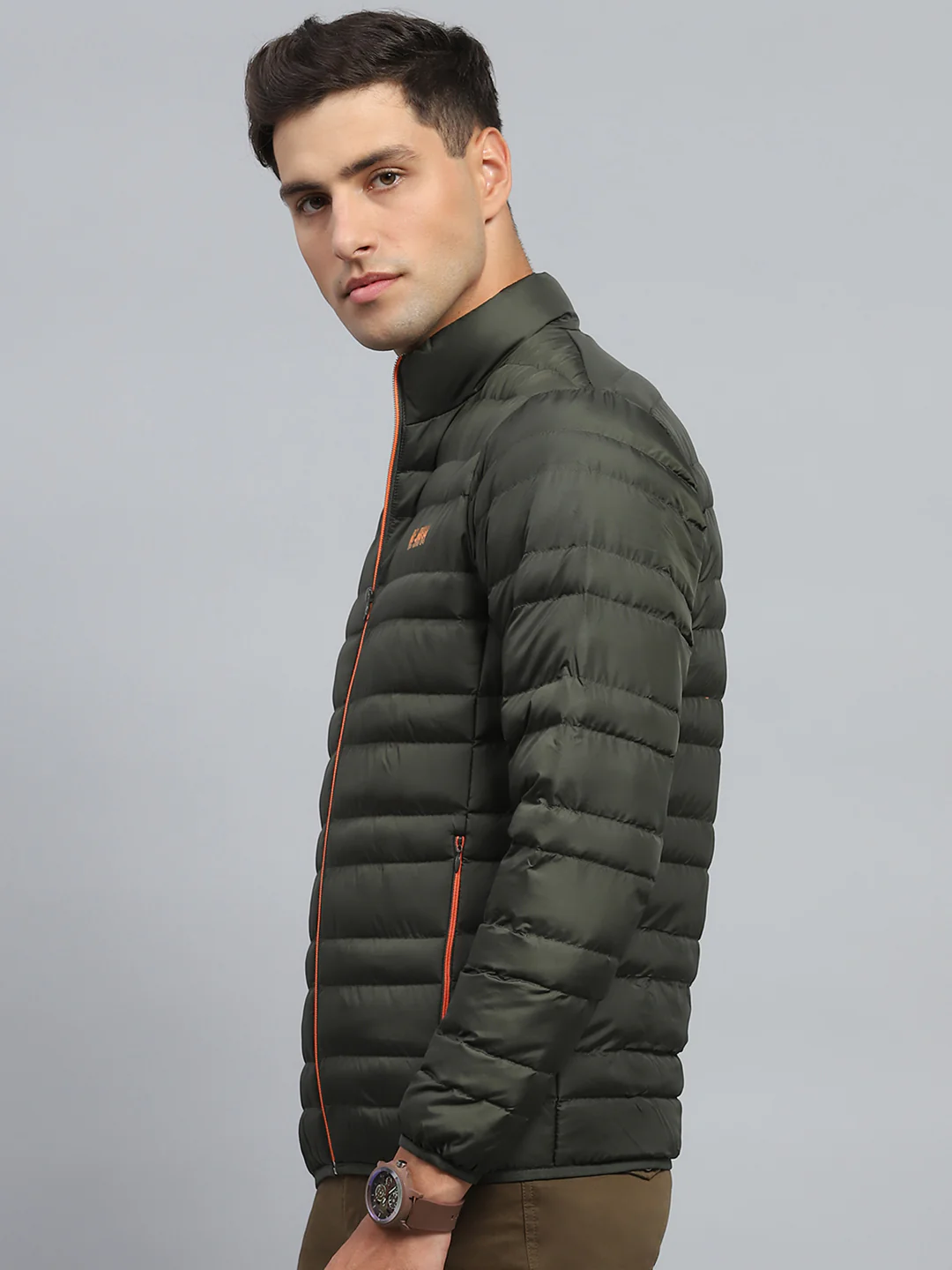 Men Olive Solid Mock Neck Full Sleeve Jacket - Image 3