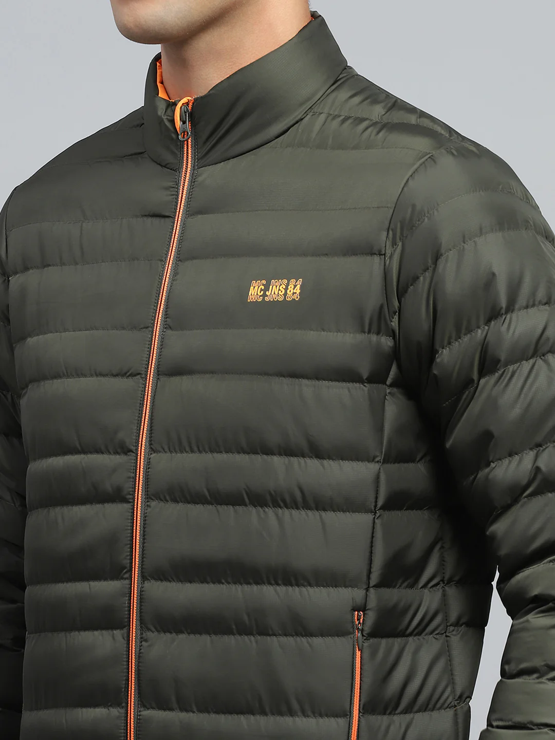 Men Olive Solid Mock Neck Full Sleeve Jacket - Image 6