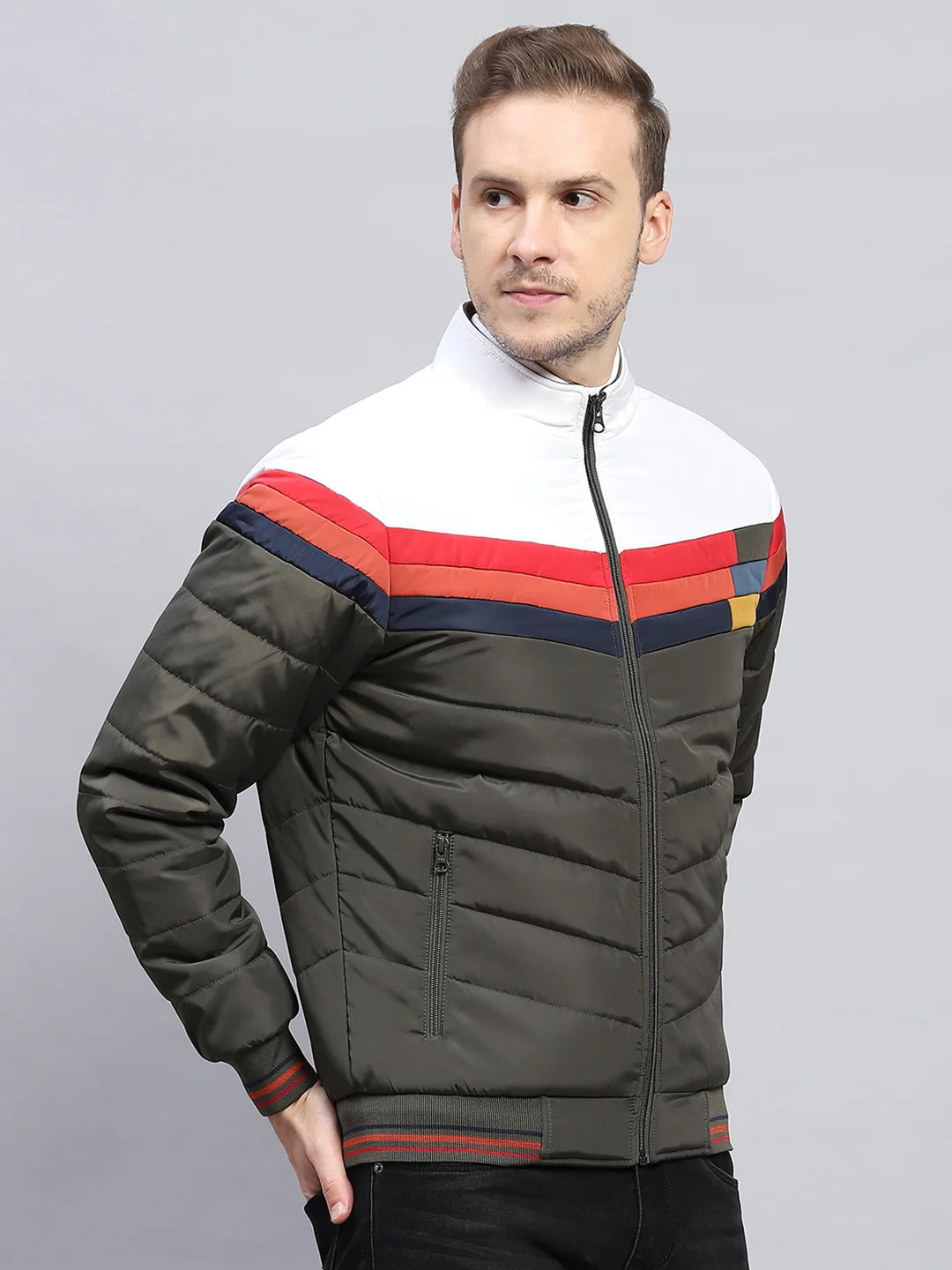 Men Olive Solid Mock Neck Full Sleeve Jacket - Image 4