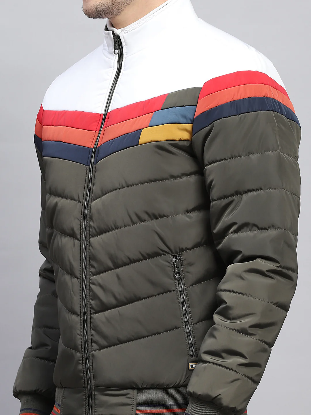 Men Olive Solid Mock Neck Full Sleeve Jacket - Image 6