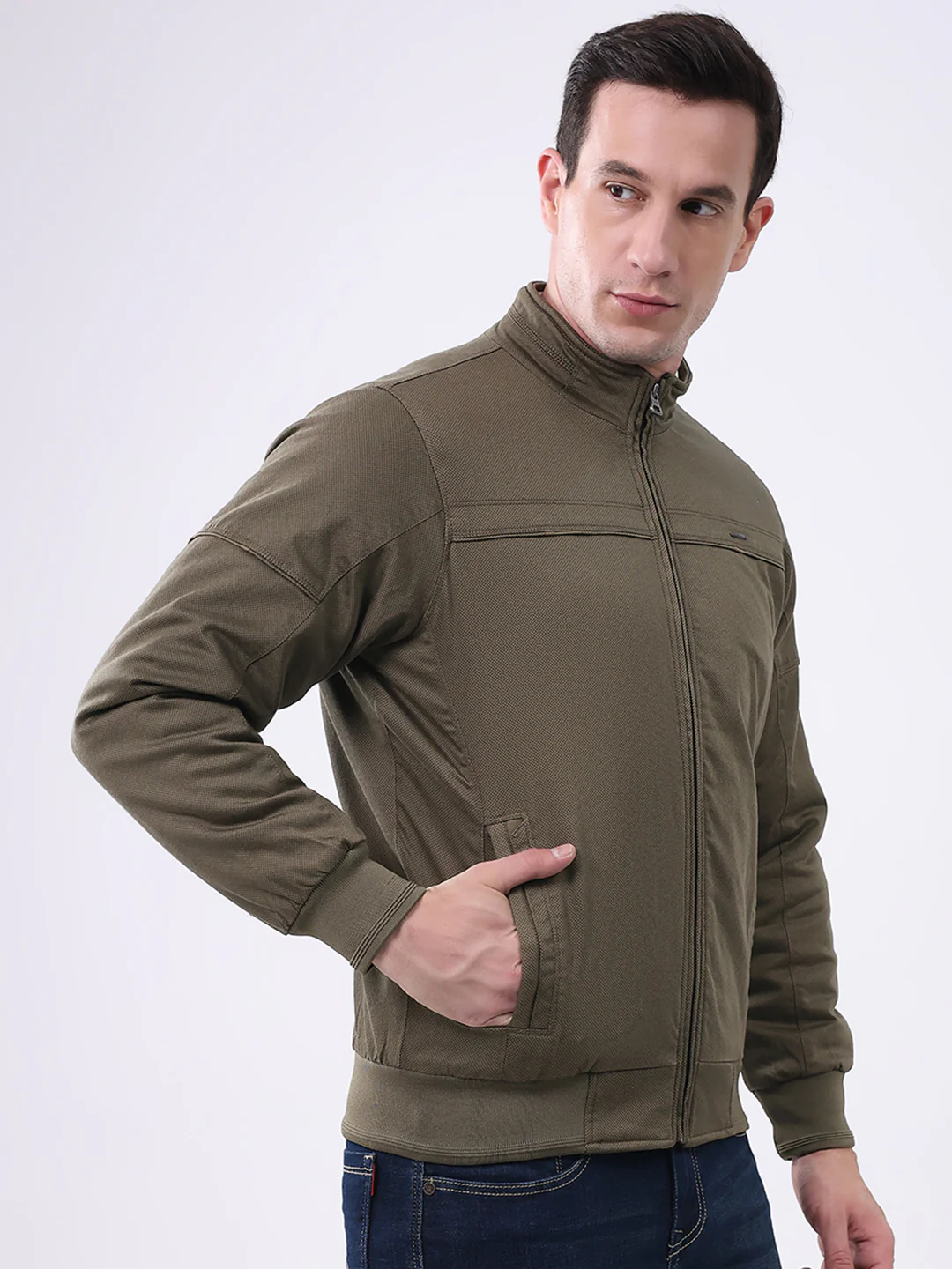 Men Olive Solid Mock Neck Full Sleeve Jacket - Image 4