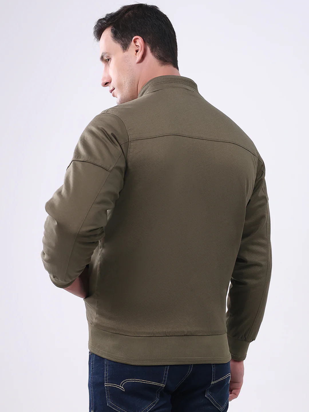 Men Olive Solid Mock Neck Full Sleeve Jacket - Image 5