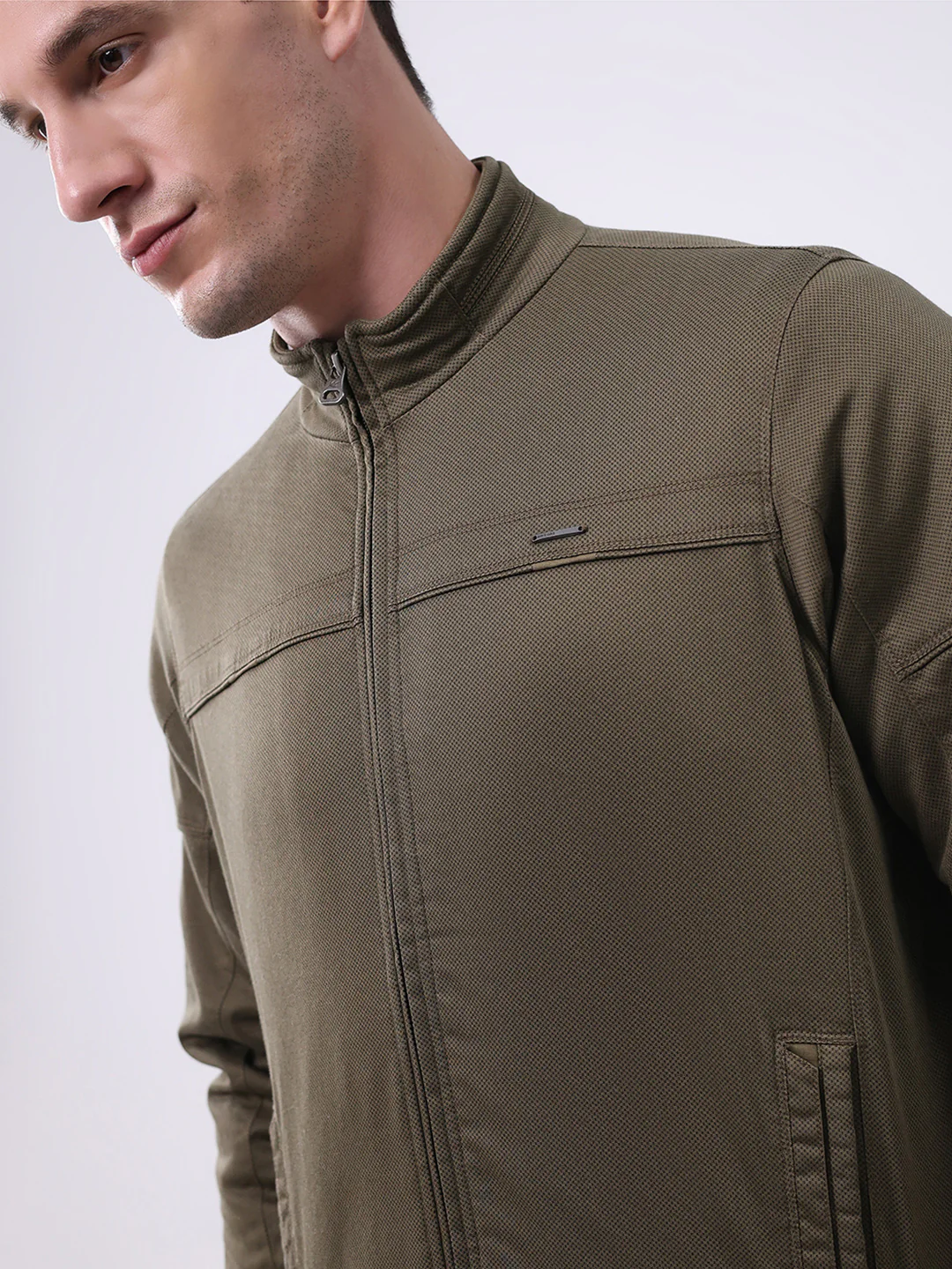 Men Olive Solid Mock Neck Full Sleeve Jacket - Image 6