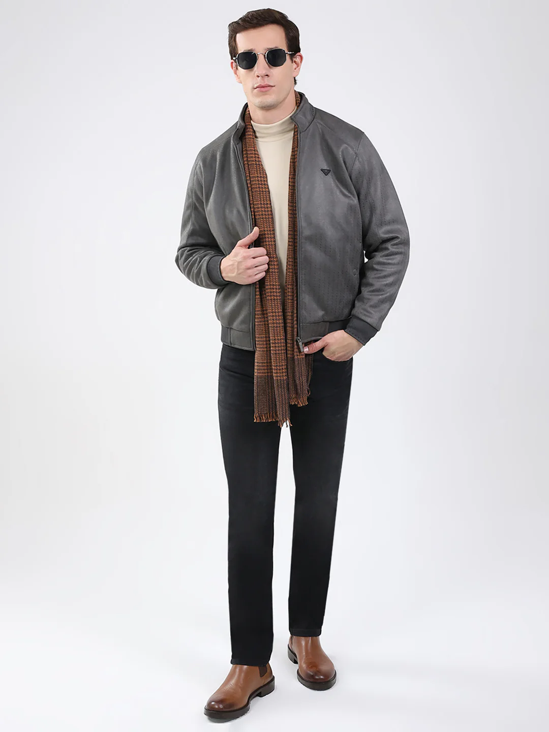 Men Olive Solid Mock Neck Full Sleeve Jacket - Image 2
