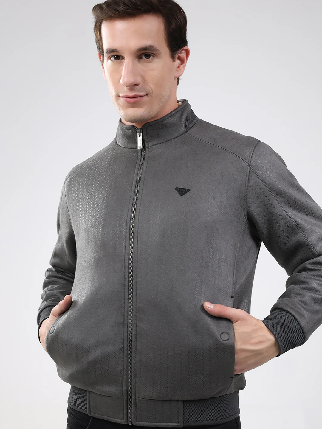 Men Olive Solid Mock Neck Full Sleeve Jacket - Image 7