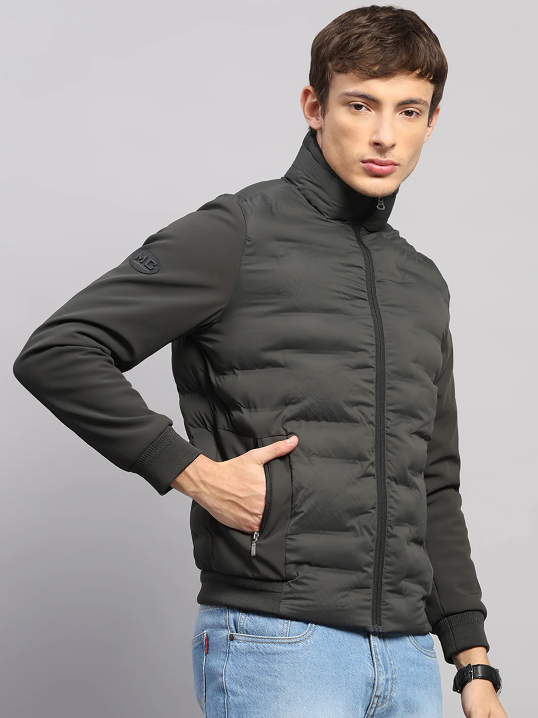 Men Olive Solid Mock Neck Full Sleeve Jacket - Image 4
