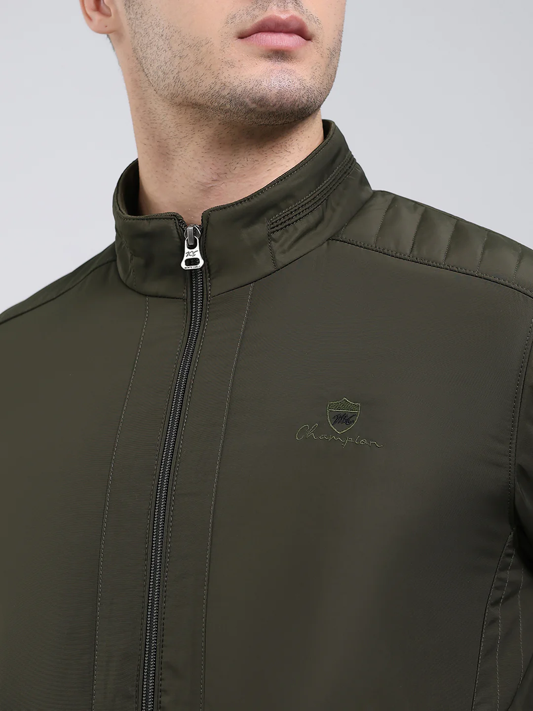 Men Olive Solid Mock Neck Full Sleeve Jacket - Image 6