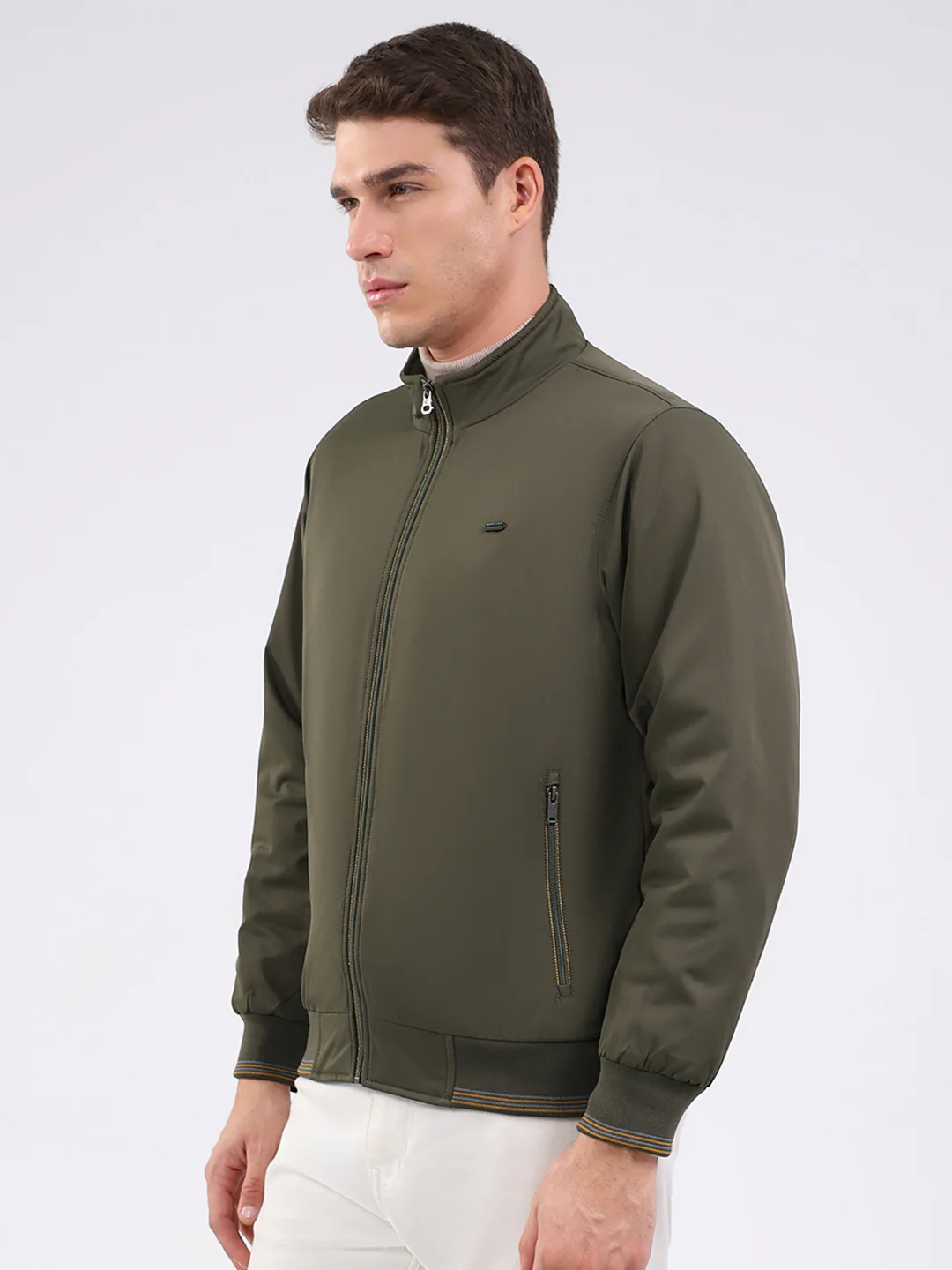 Men Olive Solid Mock Neck Full Sleeve Jacket - Image 3